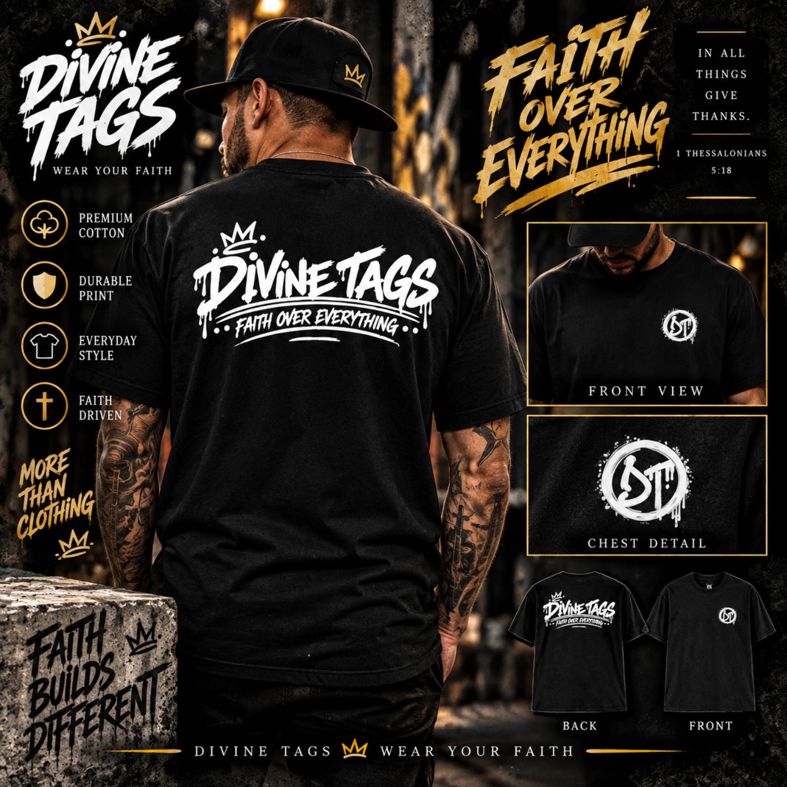 Black Divine Tags Crown and Cross streetwear shirt, front and back